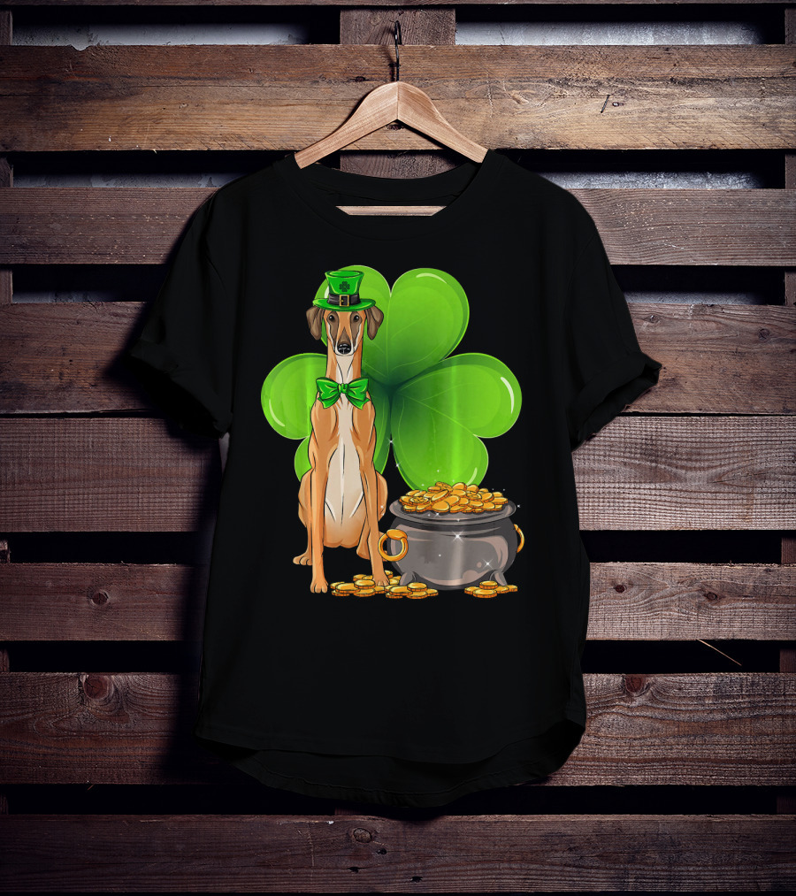 Sloughi Dog With Leprechaun Hat And Clover St Patricks Day Pot Of Gold T-Shirt