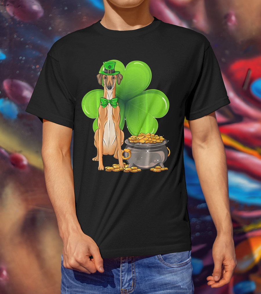 Sloughi Dog With Leprechaun Hat And Clover St Patricks Day Pot Of Gold T-Shirt