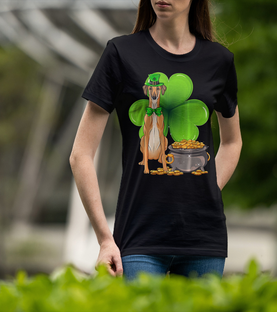 Sloughi Dog With Leprechaun Hat And Clover St Patricks Day Pot Of Gold T-Shirt