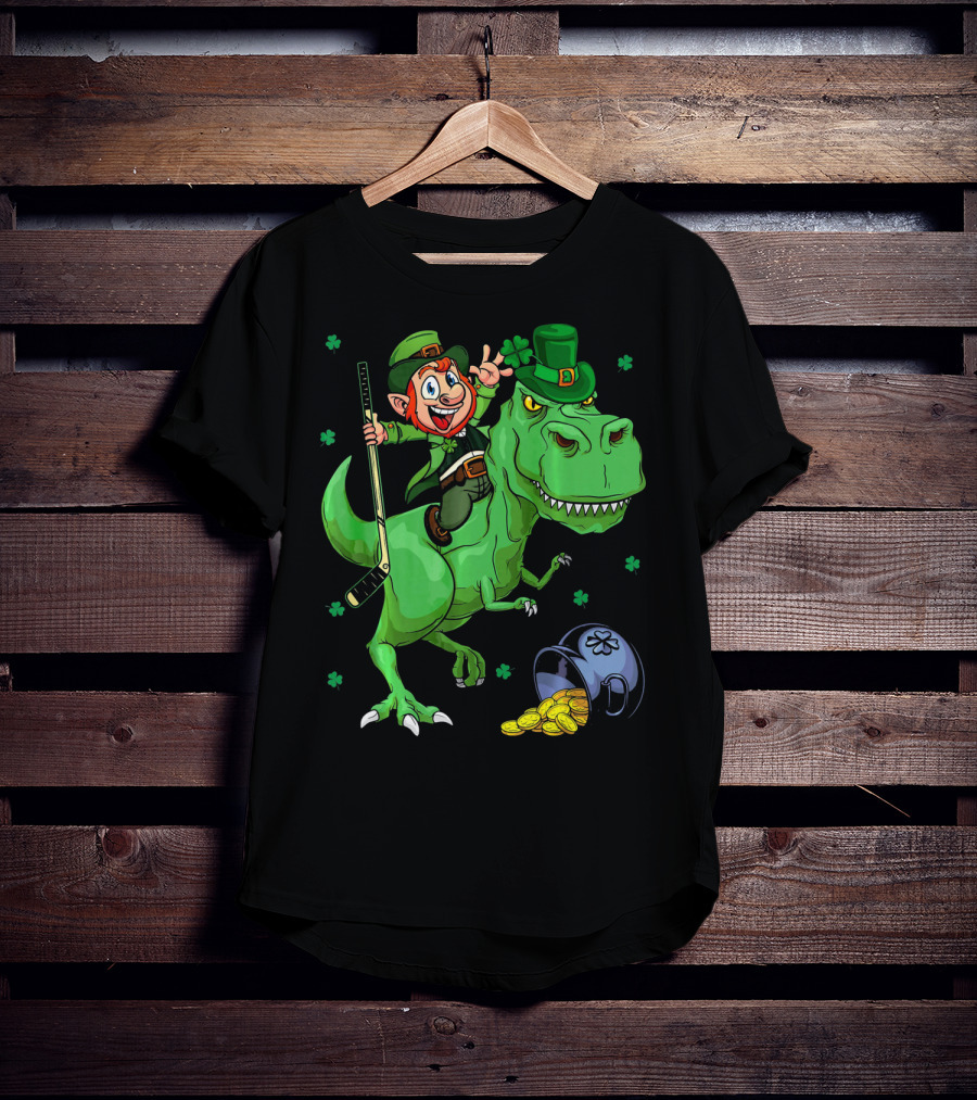 Funny St. Pat Rex Day Leprechaun Riding Dinosaur With Hockey Stick And Gold Coins T-Shirt
