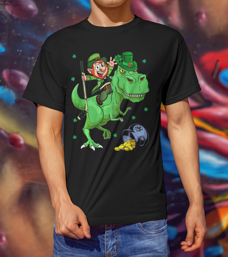 Funny St. Pat Rex Day Leprechaun Riding Dinosaur With Hockey Stick And Gold Coins T-Shirt