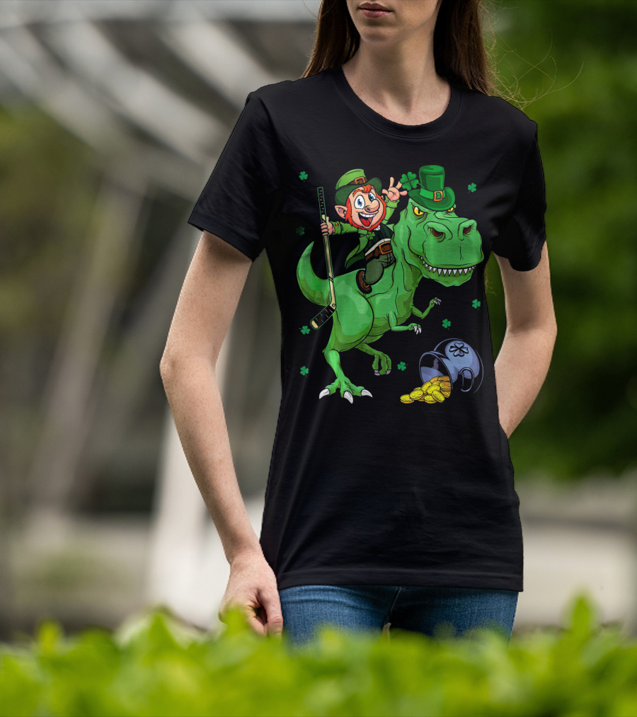 Funny St. Pat Rex Day Leprechaun Riding Dinosaur With Hockey Stick And Gold Coins T-Shirt