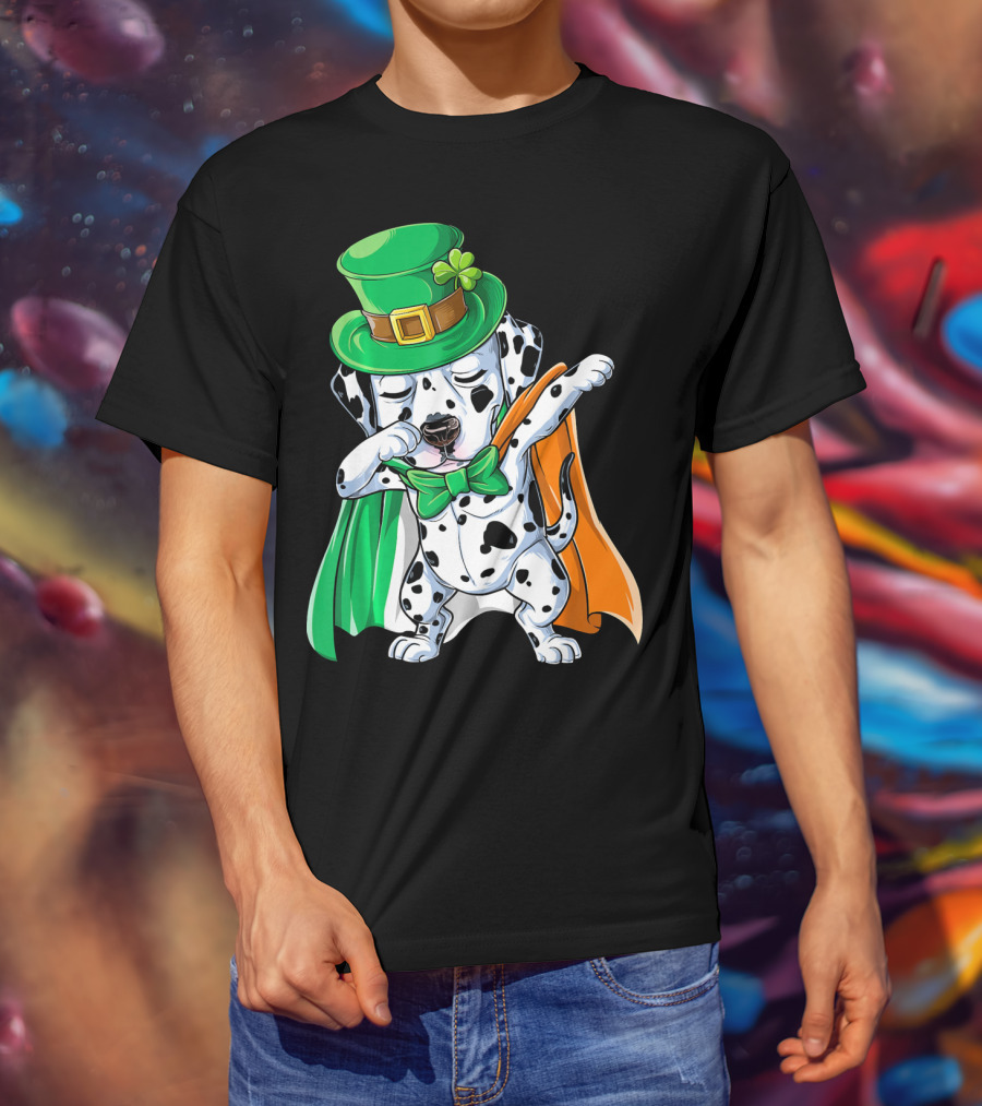 Saint Patrick's Day Dabbing Dalmatian In Green Hat And Irish Colors T-Shirt