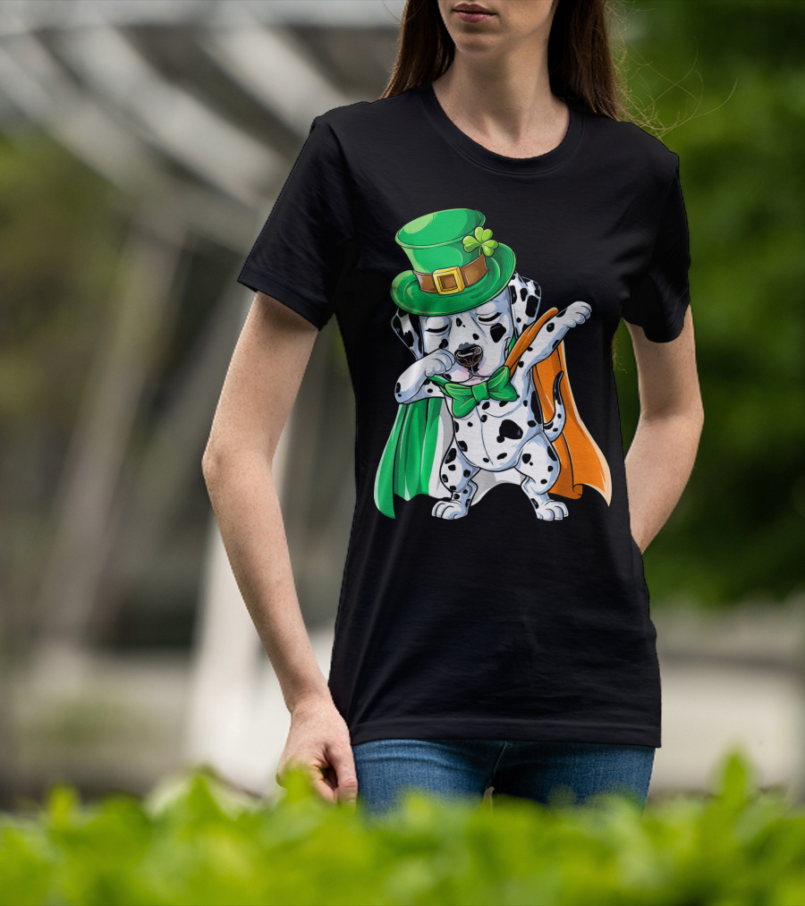 Saint Patrick's Day Dabbing Dalmatian In Green Hat And Irish Colors T-Shirt