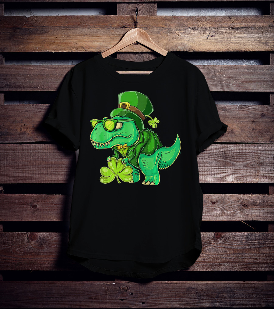 St Patricks Day Irish Dinosaur With Shamrock And Leprechaun Hat T-Shirt