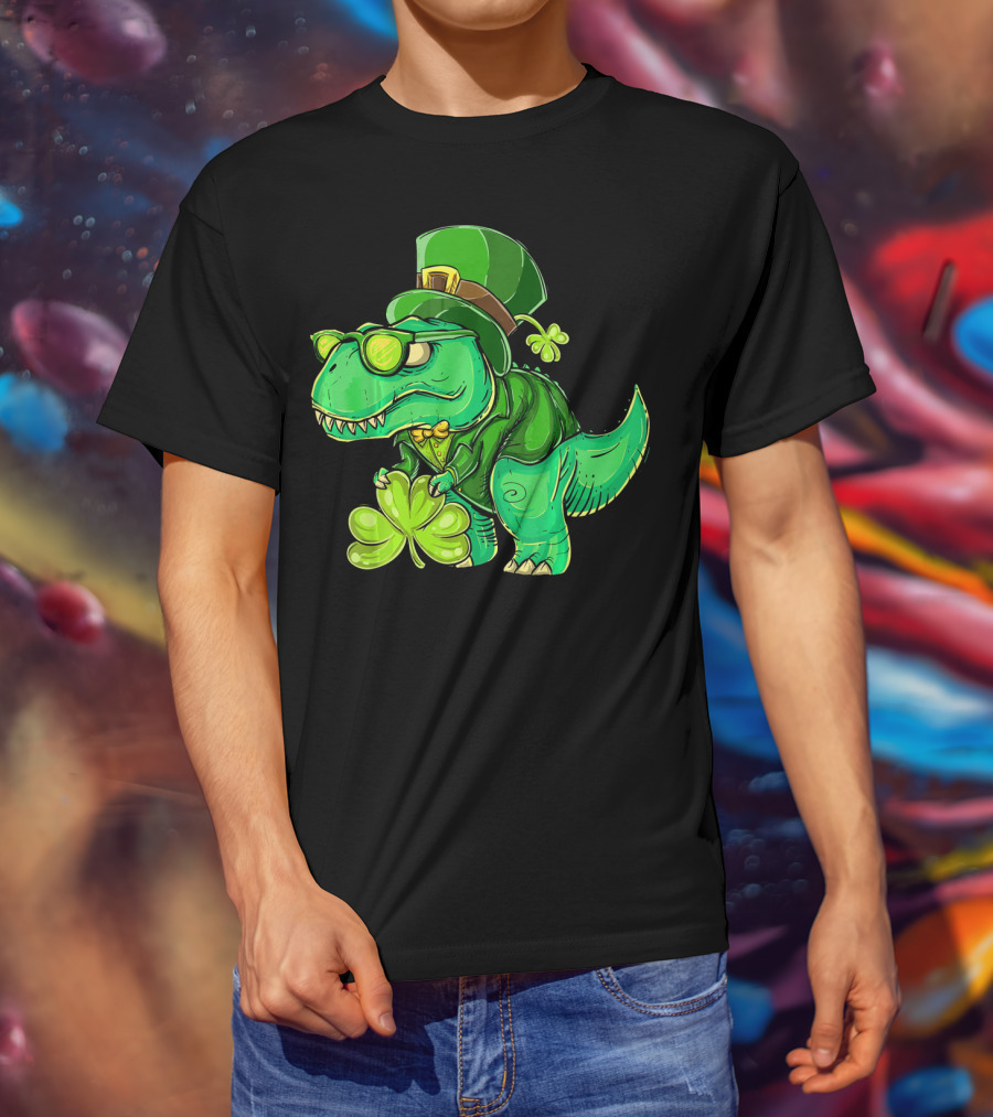 St Patricks Day Irish Dinosaur With Shamrock And Leprechaun Hat T-Shirt