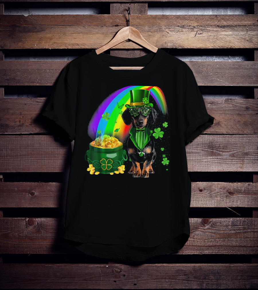 Dachshund Dog Irish Leprechaun With Pot Of Gold And Rainbow T-Shirt