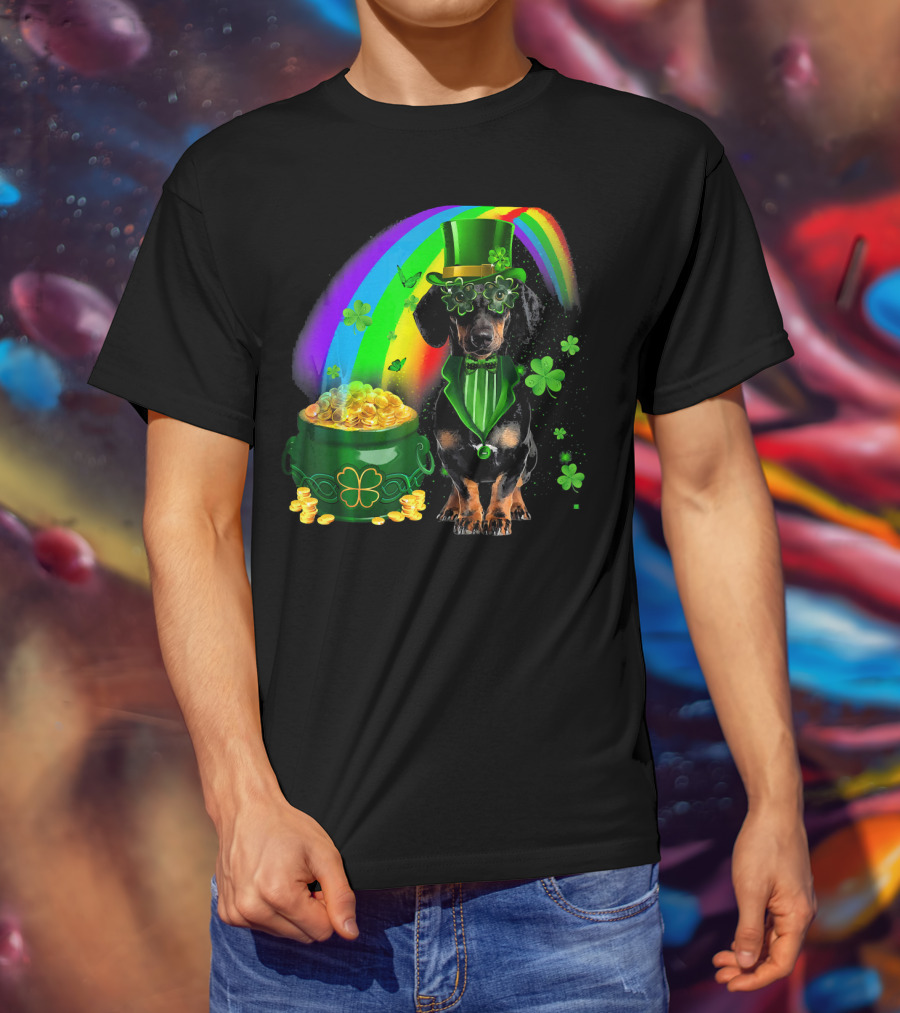 Dachshund Dog Irish Leprechaun With Pot Of Gold And Rainbow T-Shirt