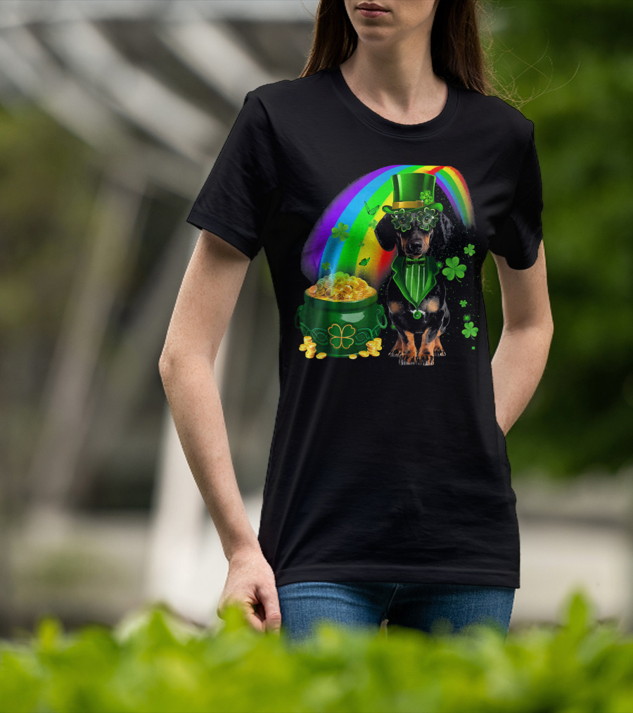 Dachshund Dog Irish Leprechaun With Pot Of Gold And Rainbow T-Shirt