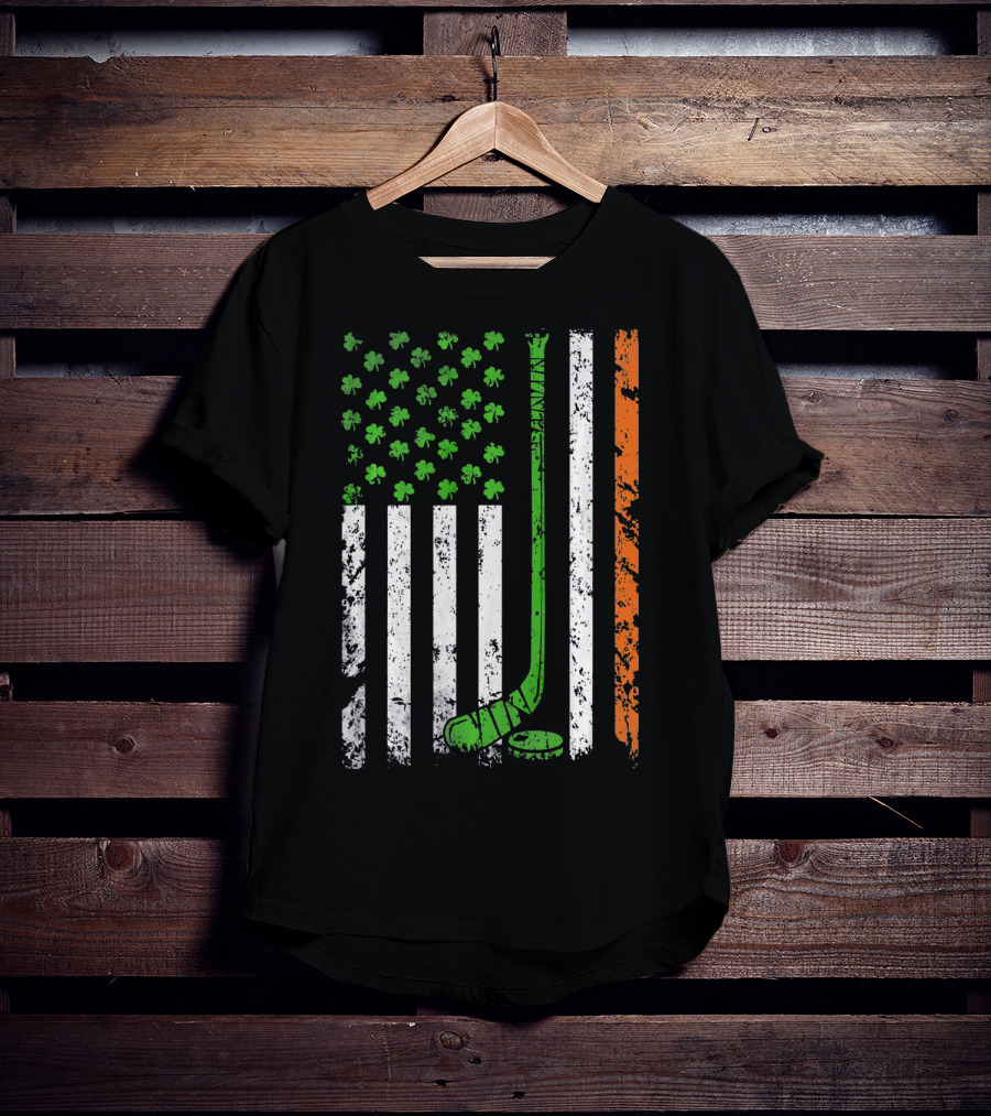 Irish American Hockey Flag With Shamrocks And Hockey Stick T-Shirt