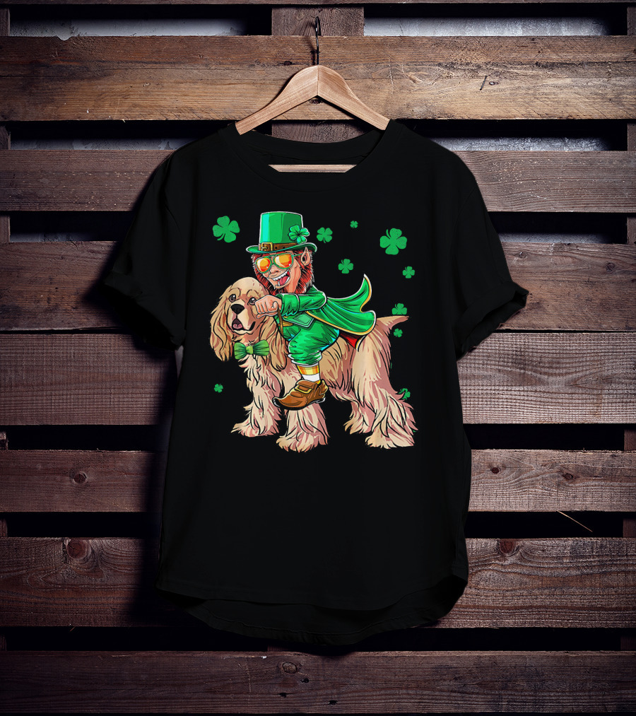 Leprechaun Riding Cocker Spaniel With Shamrocks T-Shirt