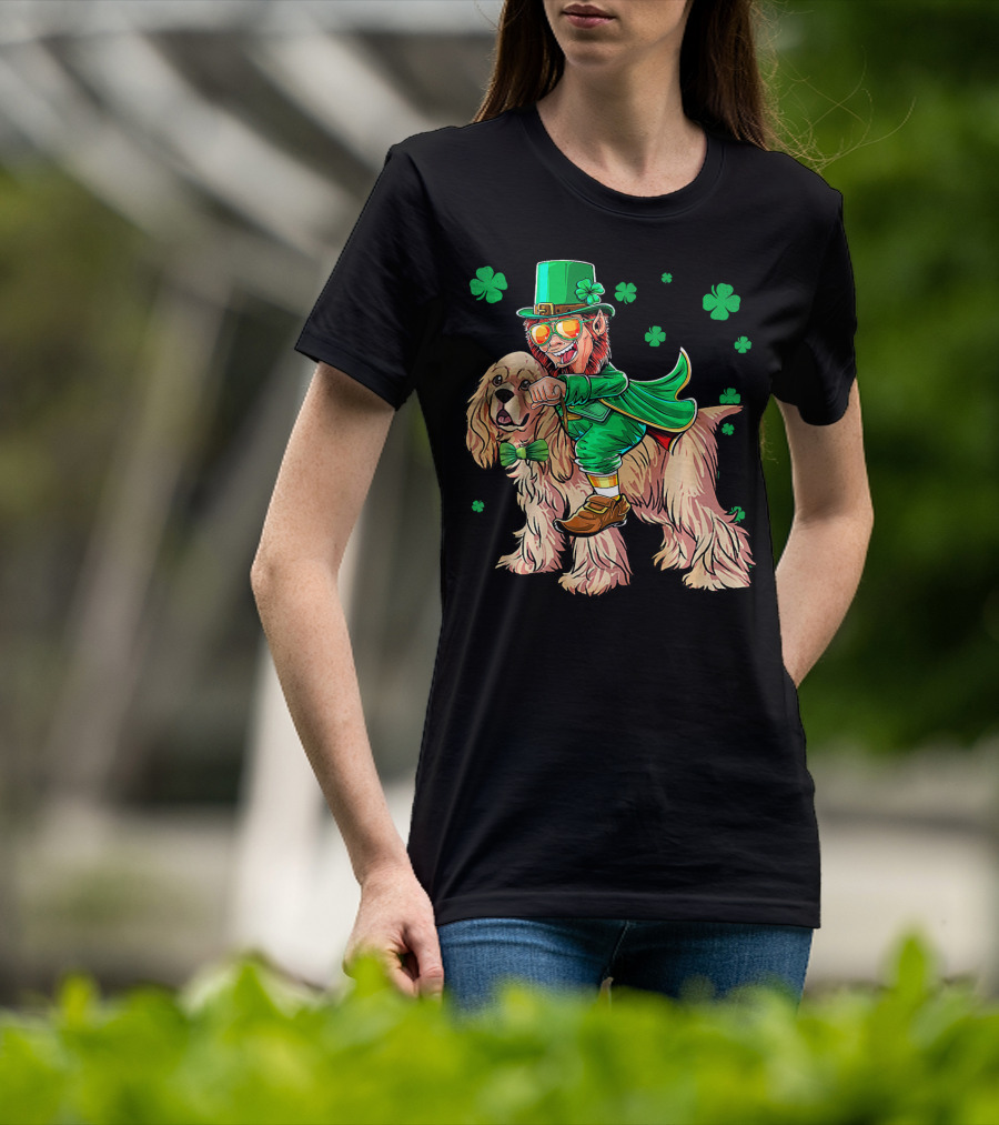 Leprechaun Riding Cocker Spaniel With Shamrocks T-Shirt
