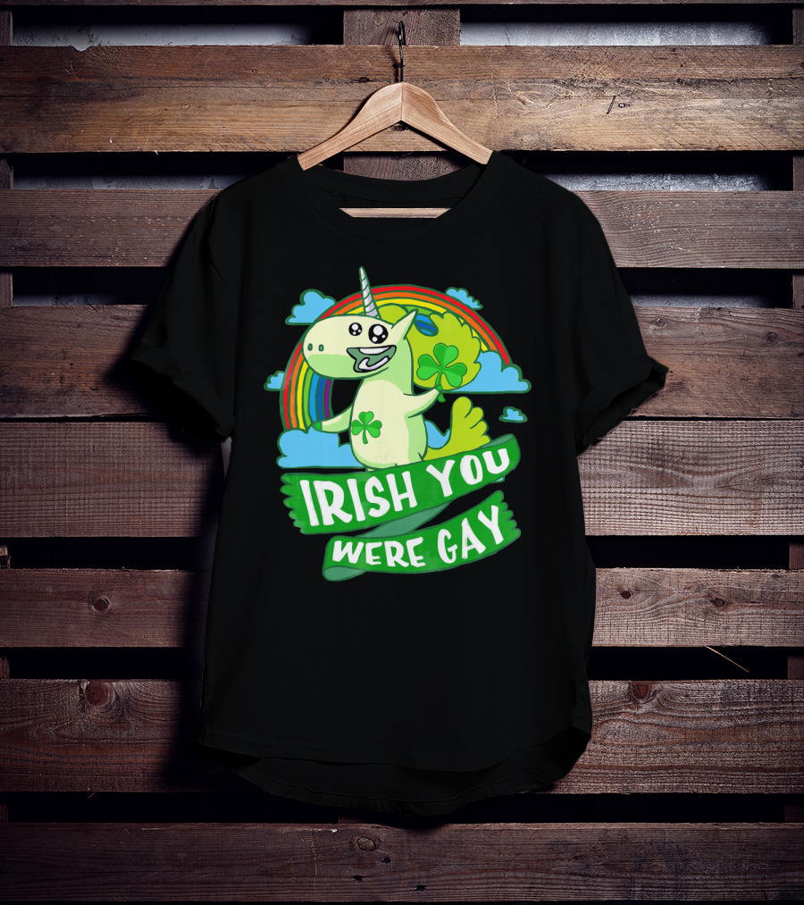 Unicorn Irish You Were Gay Rainbow Shamrock Clouds T-Shirt