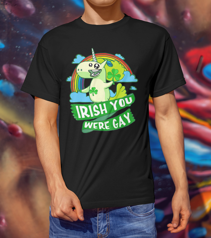Unicorn Irish You Were Gay Rainbow Shamrock Clouds T-Shirt