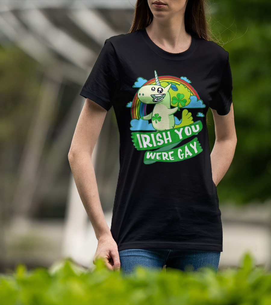 Unicorn Irish You Were Gay Rainbow Shamrock Clouds T-Shirt