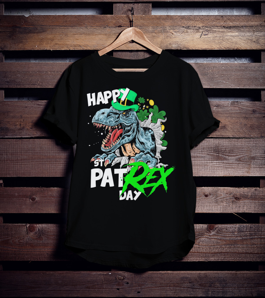 St Patricks Day Rex Happy Pat With Leprechaun Hat And Shamrocks T-Shirt