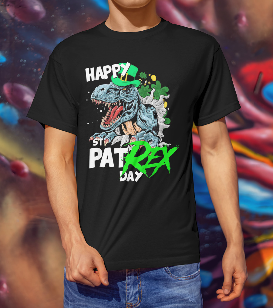 St Patricks Day Rex Happy Pat With Leprechaun Hat And Shamrocks T-Shirt