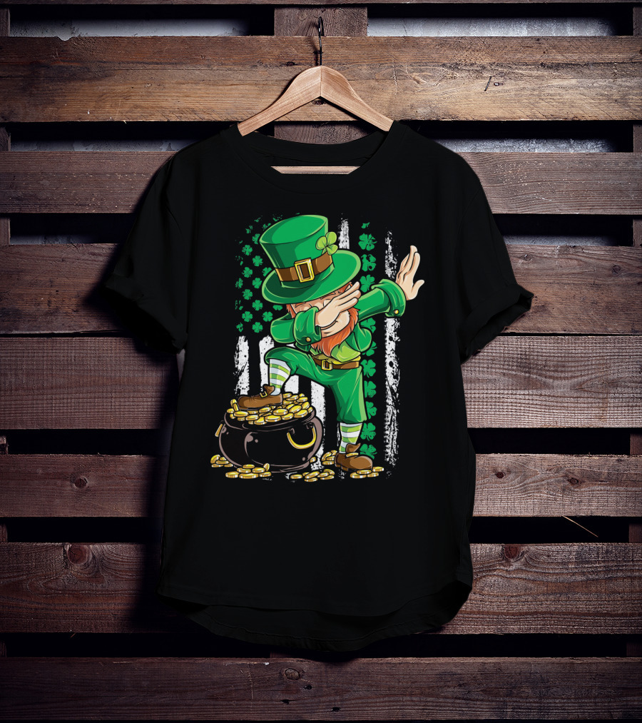 Dabbing Leprechaun With Shamrocks And Gold Coins Irish American T-Shirt