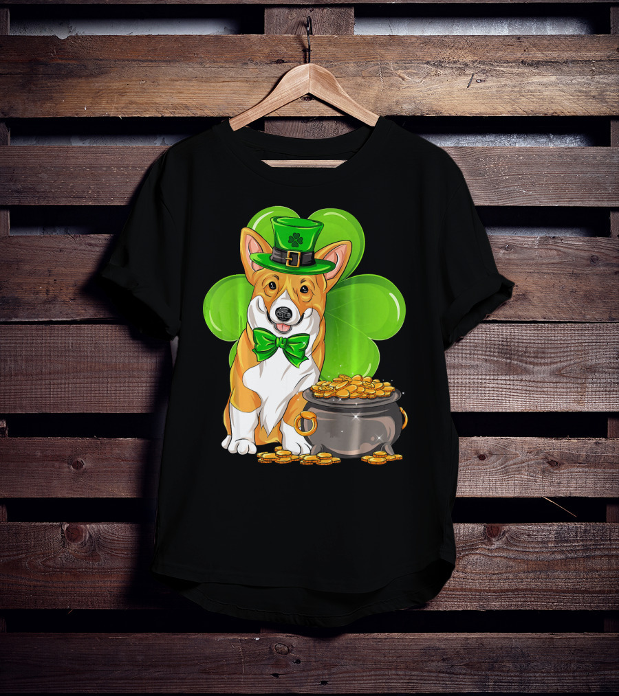 Pembroke Welsh Corgi St Patricks Day Leprechaun Hat Shamrock Pot Of Gold T-Shirt