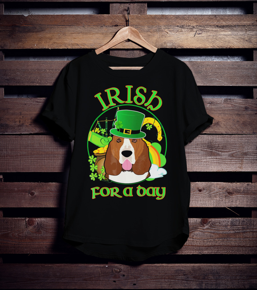 Irish For A Day Basset Hound Dog With Leprechaun Hat And Shamrocks T-Shirt
