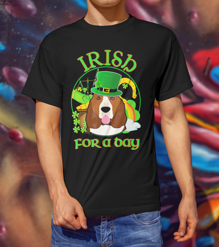 Irish For A Day Basset Hound Dog With Leprechaun Hat And Shamrocks T-Shirt