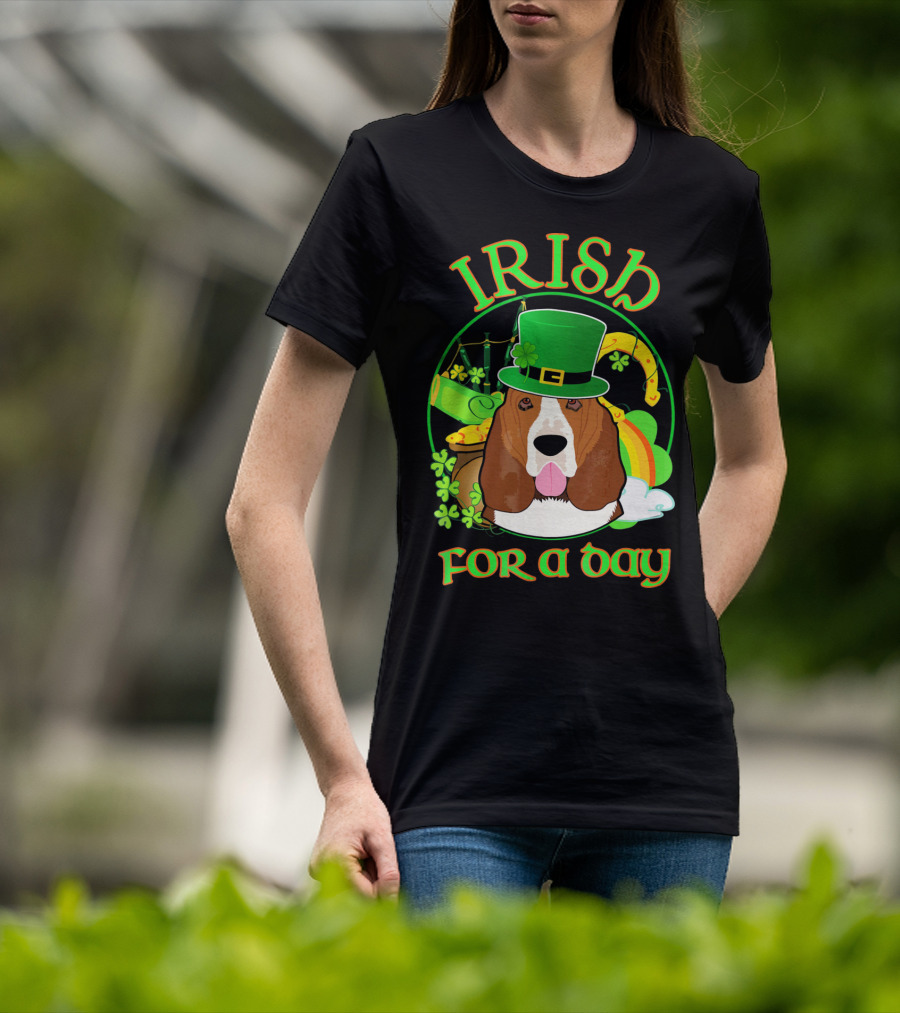 Irish For A Day Basset Hound Dog With Leprechaun Hat And Shamrocks T-Shirt
