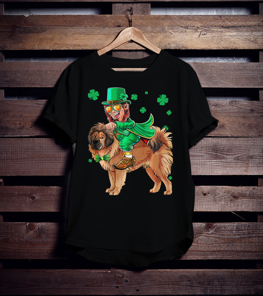 Leprechaun Riding Tibetan Mastiff With Shamrocks T-Shirt