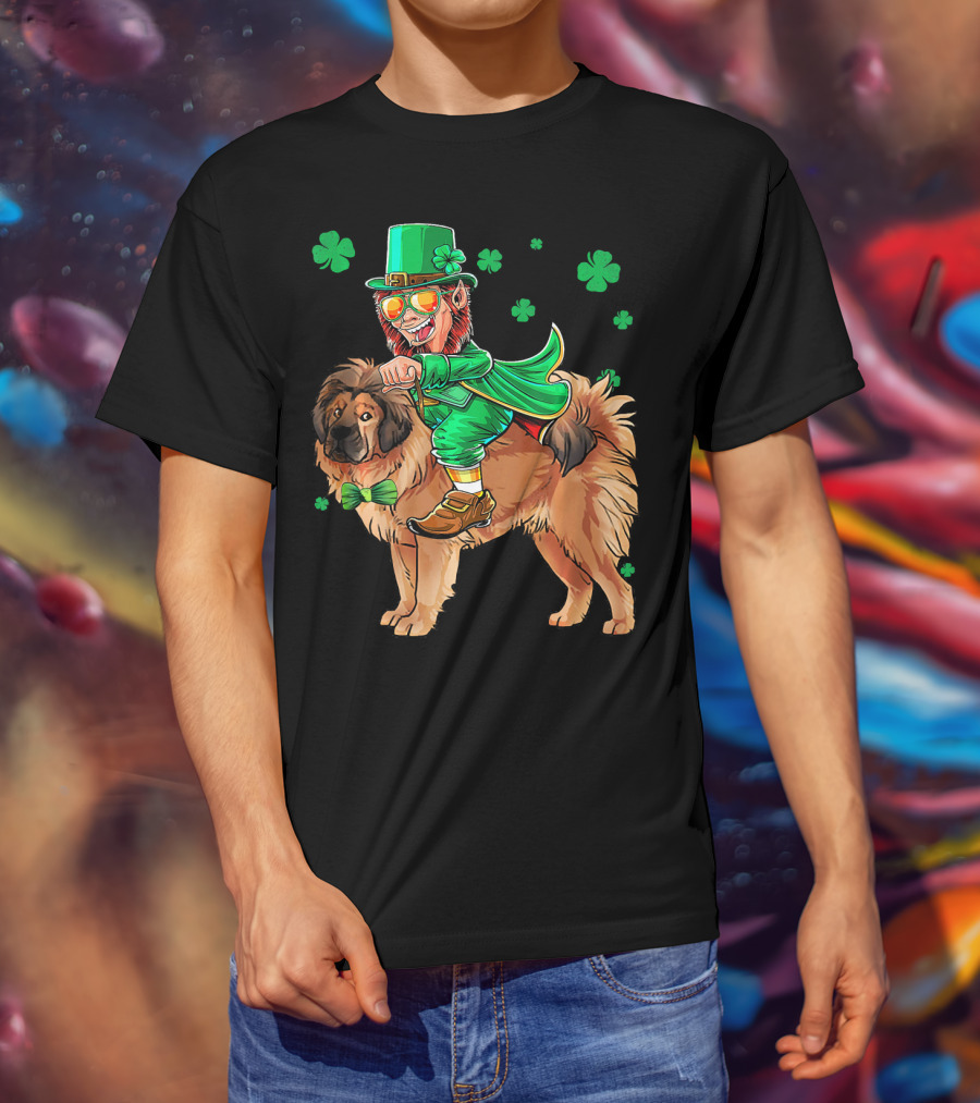 Leprechaun Riding Tibetan Mastiff With Shamrocks T-Shirt