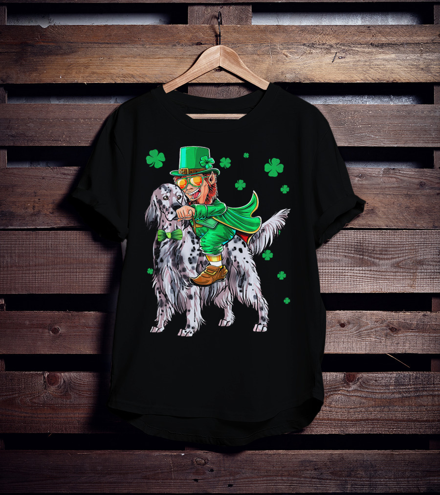 Leprechaun Riding English Setter With Shamrocks T-Shirt
