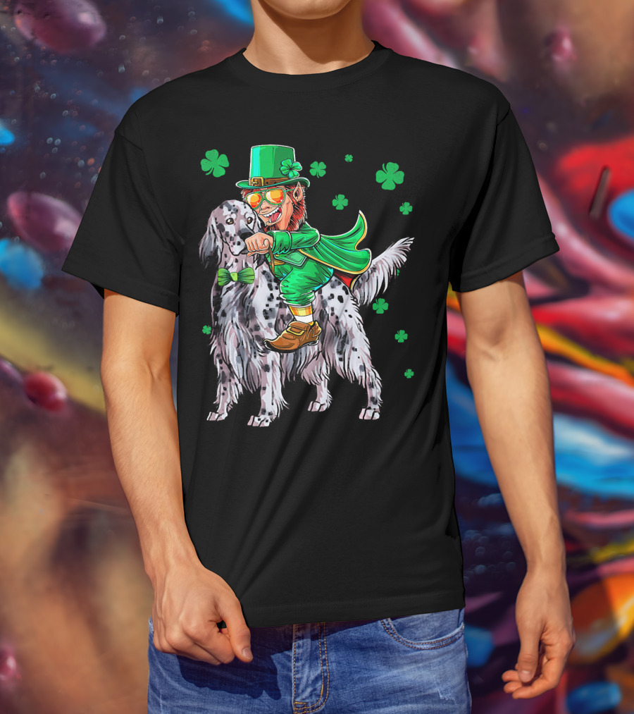 Leprechaun Riding English Setter With Shamrocks T-Shirt