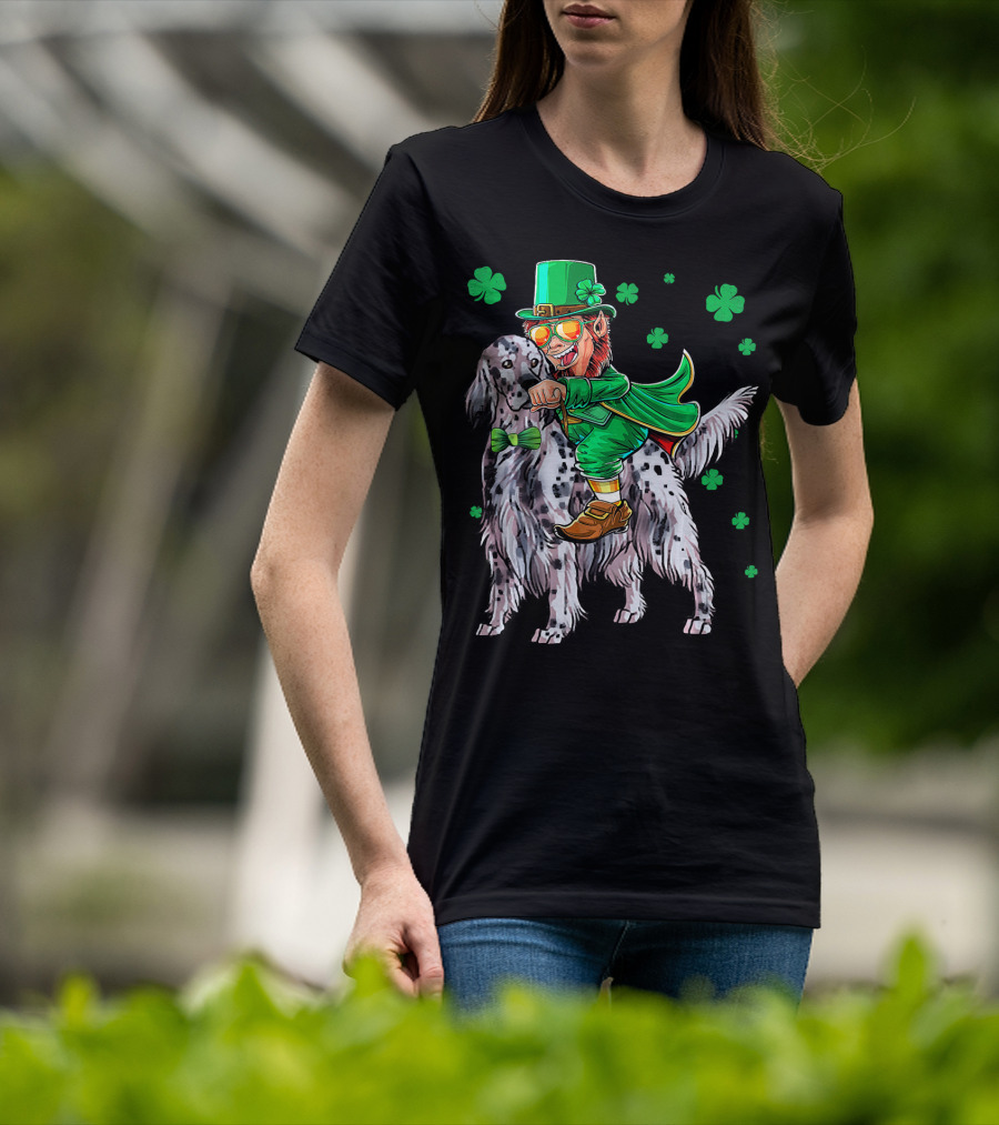 Leprechaun Riding English Setter With Shamrocks T-Shirt