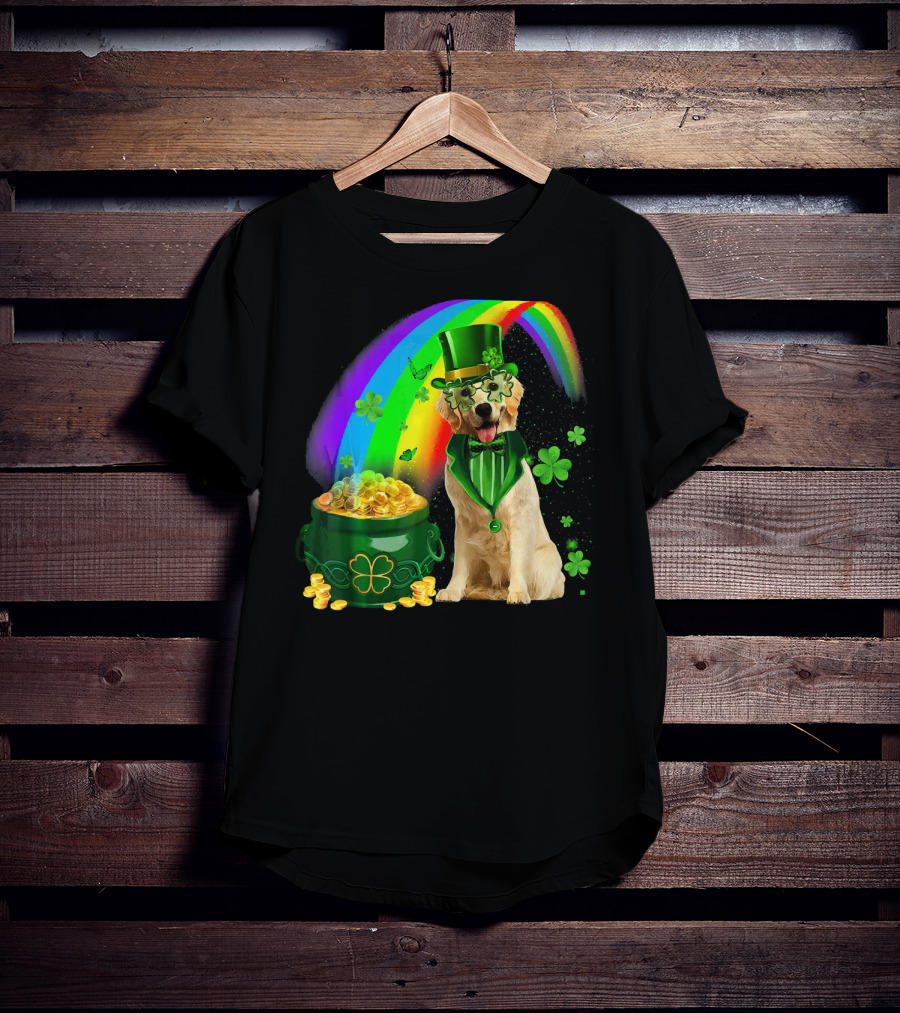 Golden Retrievers Dog Irish Leprechaun Rainbow Gold T-Shirt