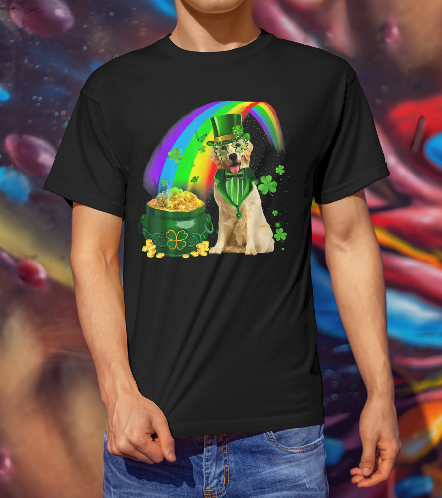 Golden Retrievers Dog Irish Leprechaun Rainbow Gold T-Shirt