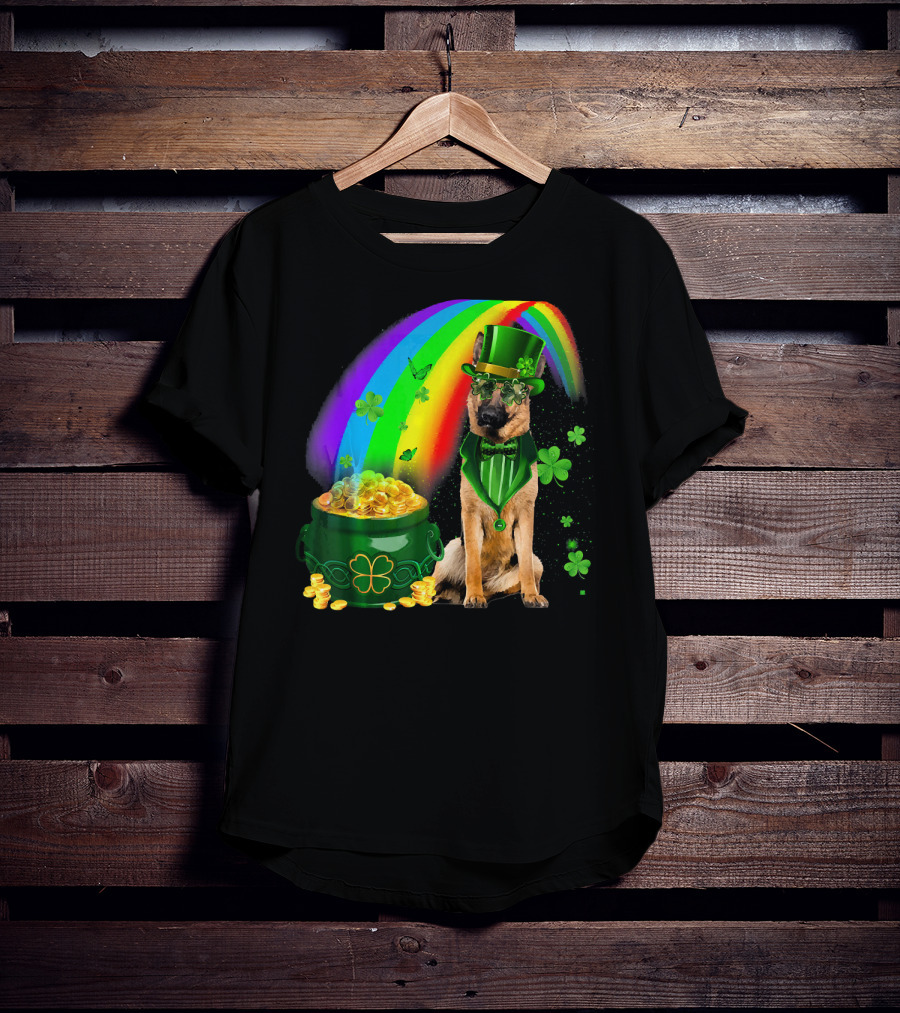 German Shepherd Irish Leprechaun Rainbow Pot Of Gold Shamrock T-Shirt
