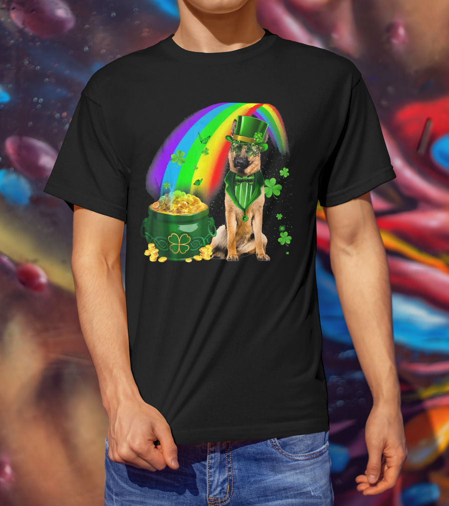 German Shepherd Irish Leprechaun Rainbow Pot Of Gold Shamrock T-Shirt
