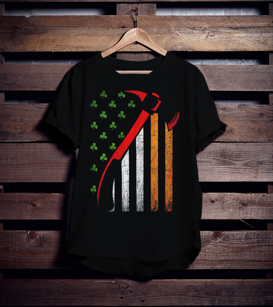 Firefighter Irish American Flag St Patrick's Day Axe Shamrock T-Shirt