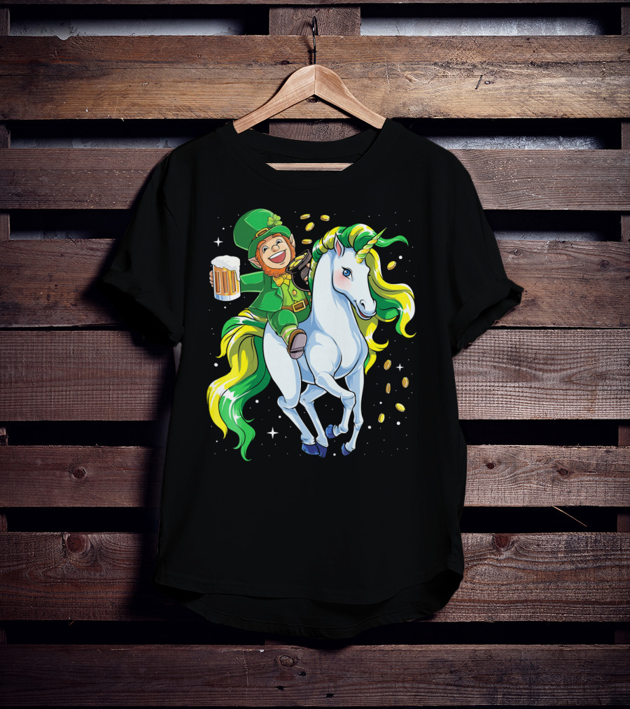 Leprechaun Riding Unicorn With Beer And Coins T-Shirt