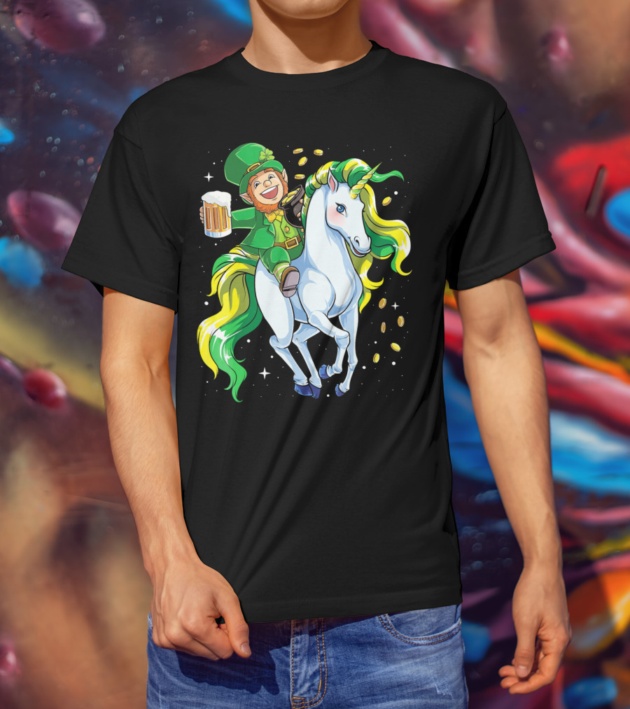 Leprechaun Riding Unicorn With Beer And Coins T-Shirt