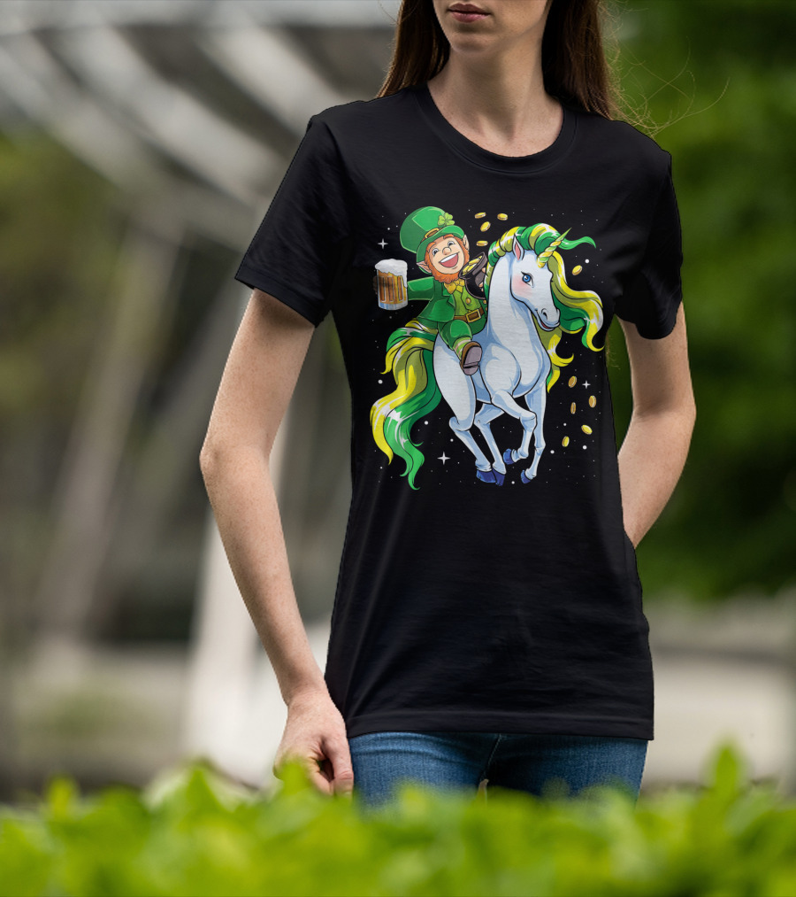 Leprechaun Riding Unicorn With Beer And Coins T-Shirt