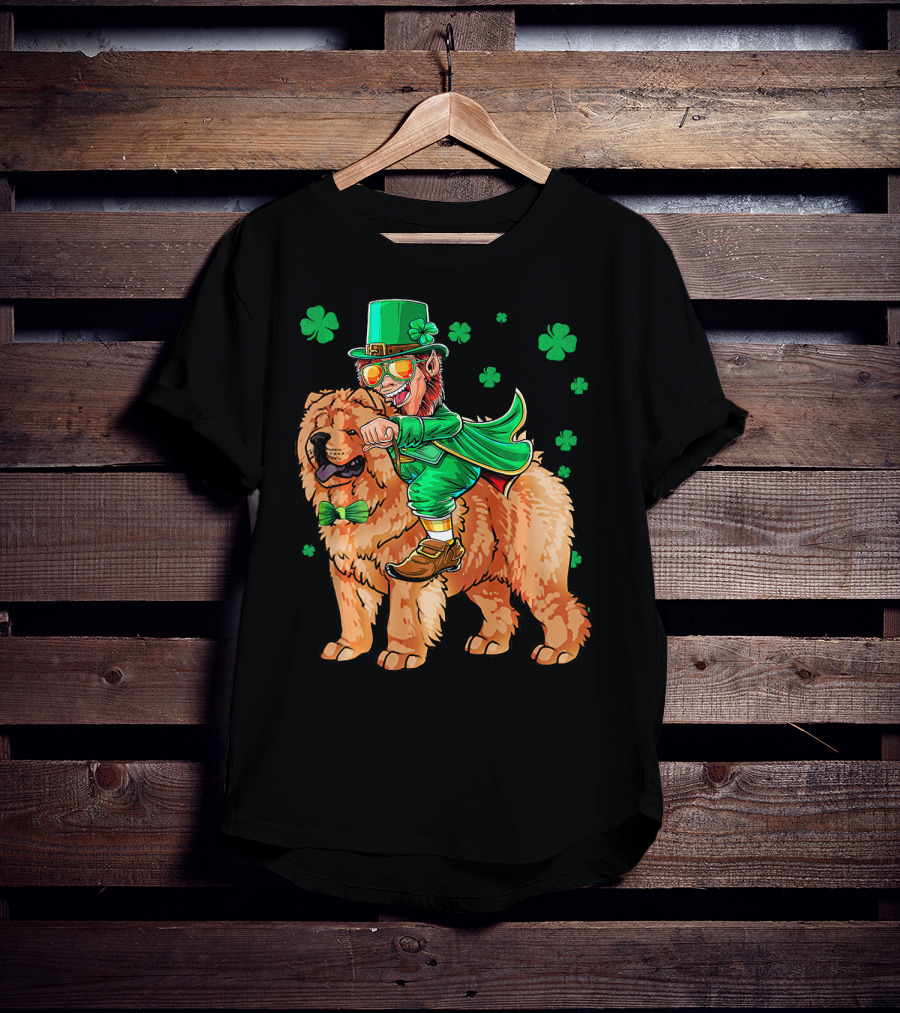Leprechaun Riding Chow Chow With Shamrocks St. Patrick's Day T-Shirt