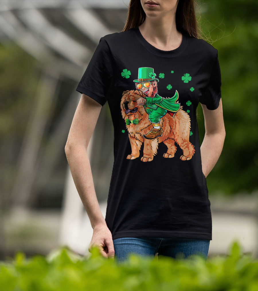 Leprechaun Riding Chow Chow With Shamrocks St. Patrick's Day T-Shirt