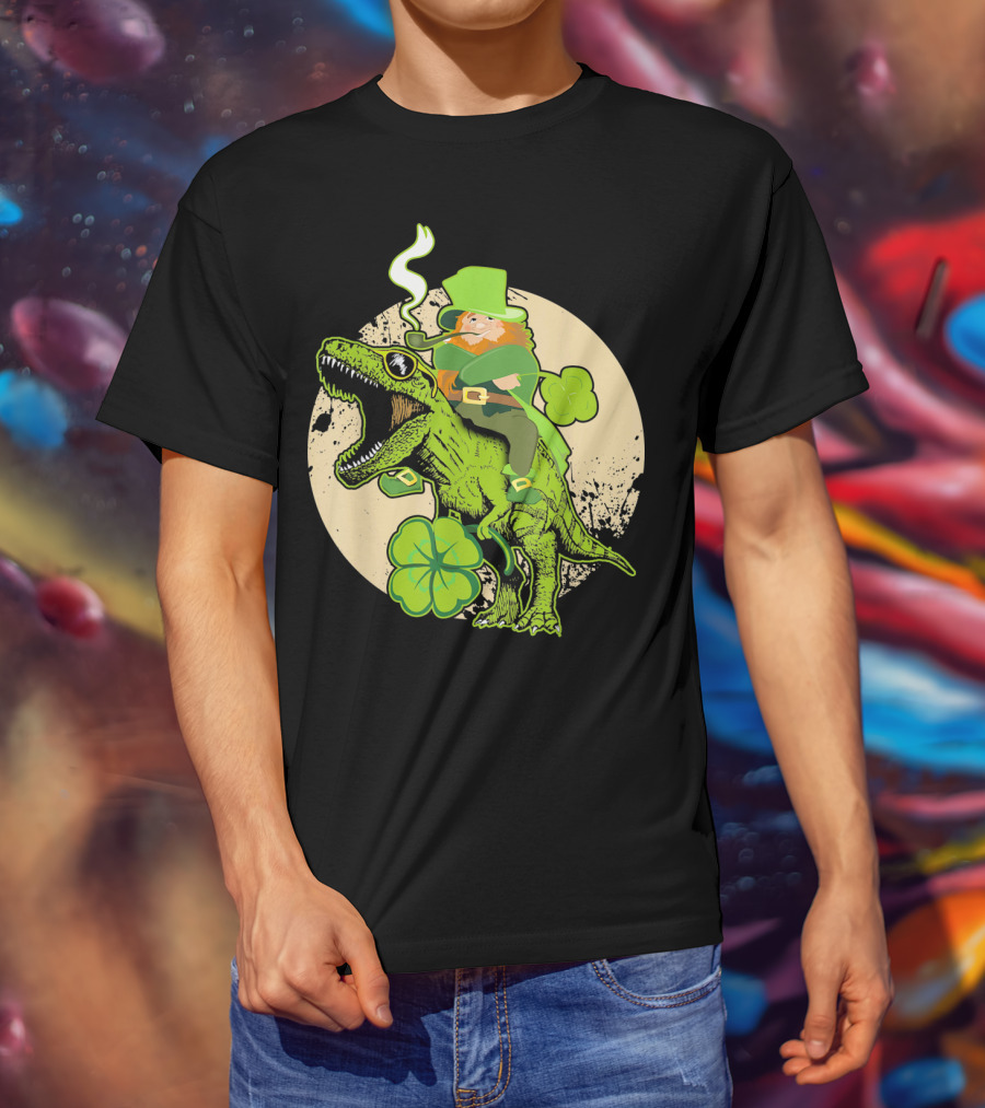 St Patricks Day Leprechaun Riding Dinosaur With Shamrocks T-Shirt