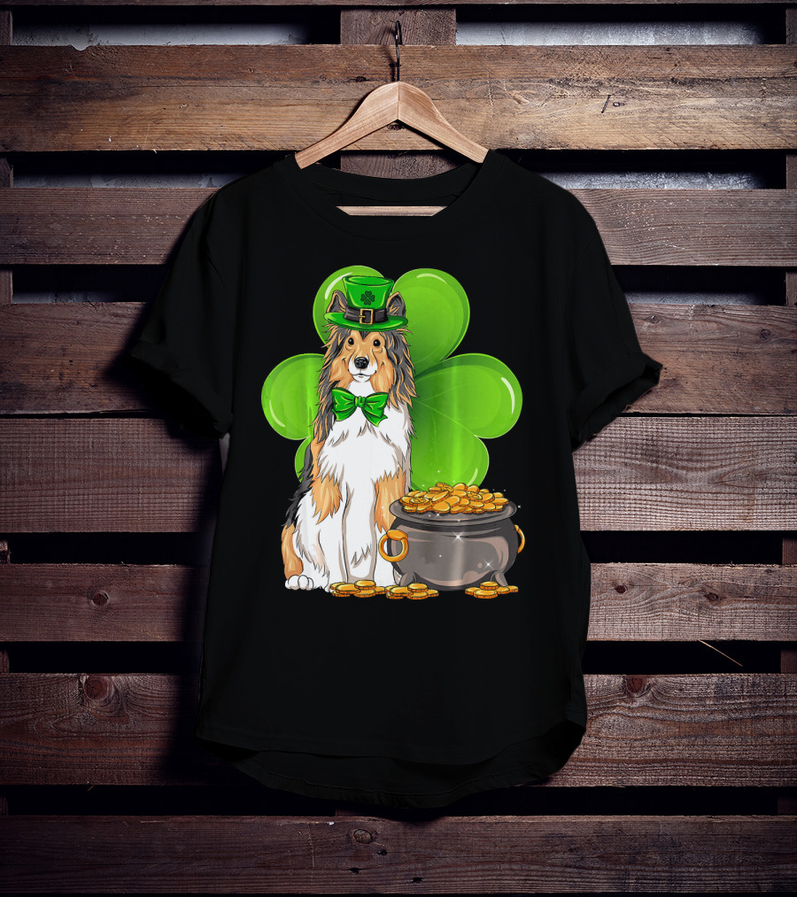 Shetland Sheepdog St Patricks Day Leprechaun Clover And Pot Of Gold T-Shirt