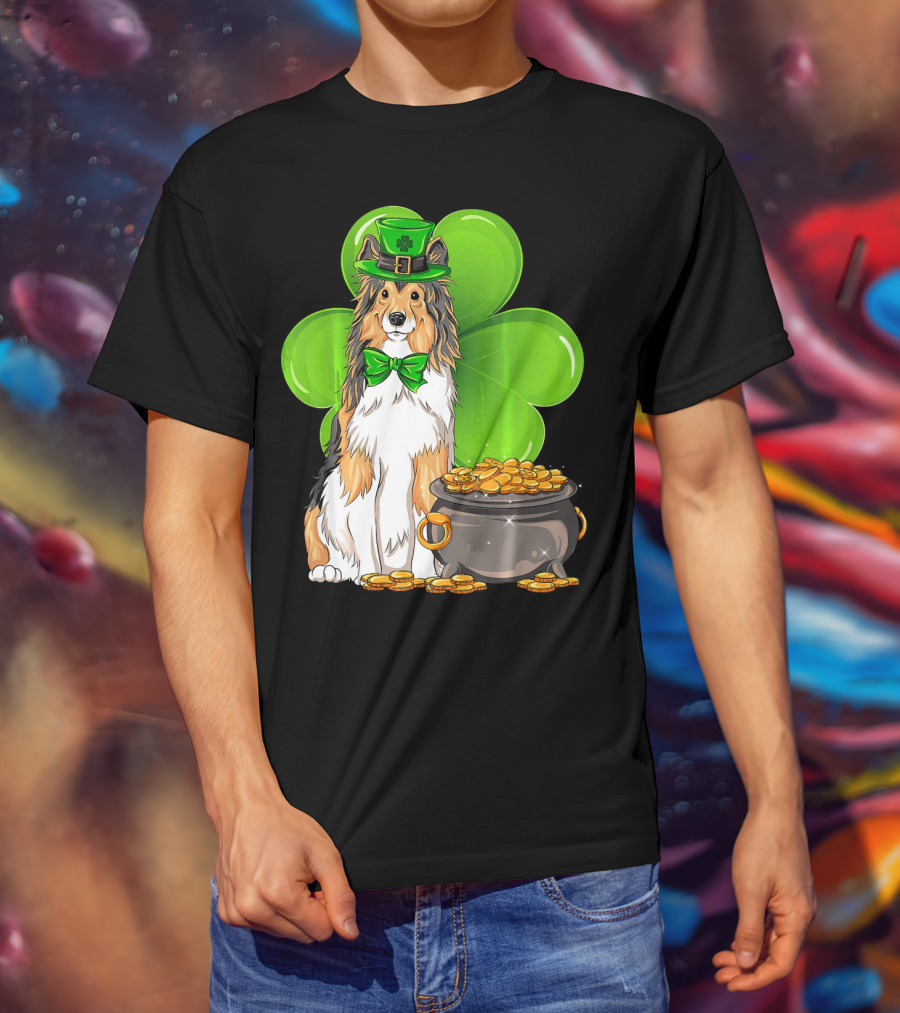 Shetland Sheepdog St Patricks Day Leprechaun Clover And Pot Of Gold T-Shirt