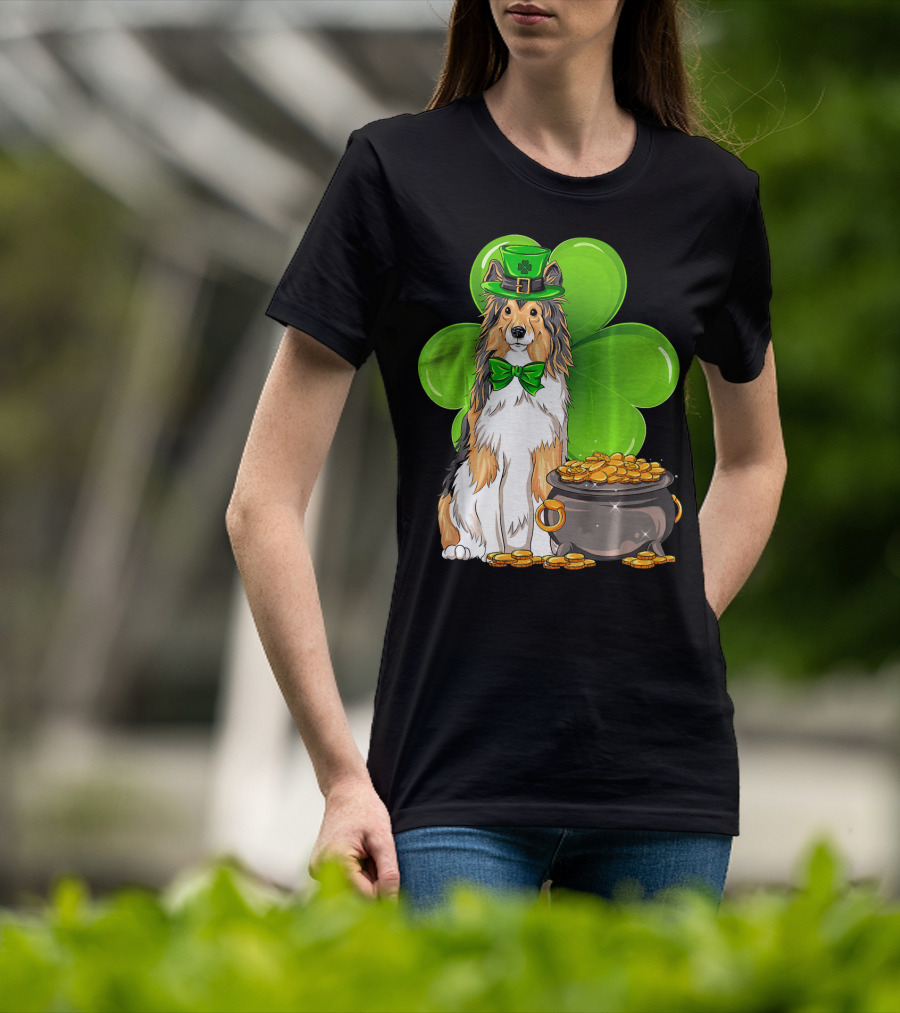 Shetland Sheepdog St Patricks Day Leprechaun Clover And Pot Of Gold T-Shirt