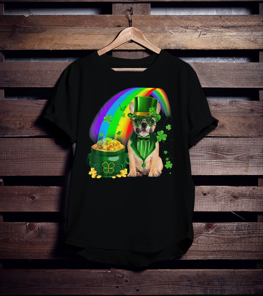 French Bulldog Irish Leprechaun With Pot Of Gold And Shamrocks T-Shirt
