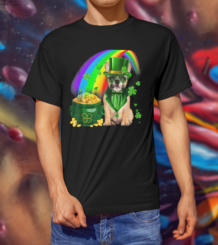 French Bulldog Irish Leprechaun With Pot Of Gold And Shamrocks T-Shirt