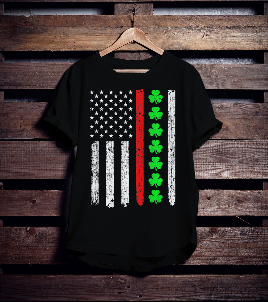 American Flag Thin Red Line Shamrock Irish St Patricks T-Shirt