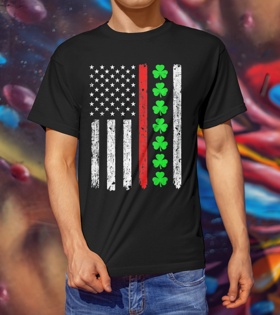 American Flag Thin Red Line Shamrock Irish St Patricks T-Shirt