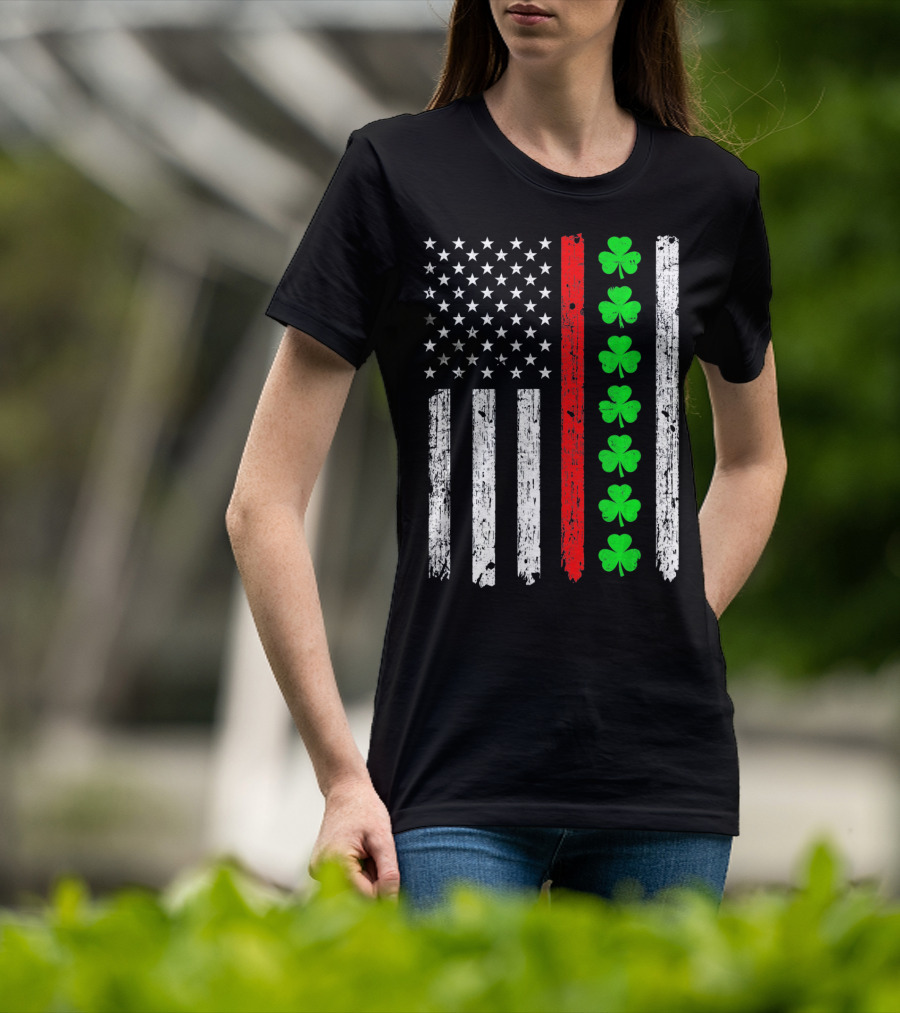 American Flag Thin Red Line Shamrock Irish St Patricks T-Shirt